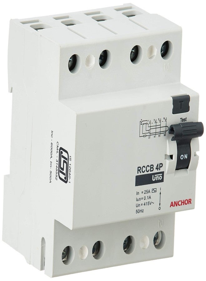 Anchor by Panasonic UNO Series RCCB 25 AMP 100mA Four Pole Residual Current Circuit Breaker (White, 98214-2) - Image 1